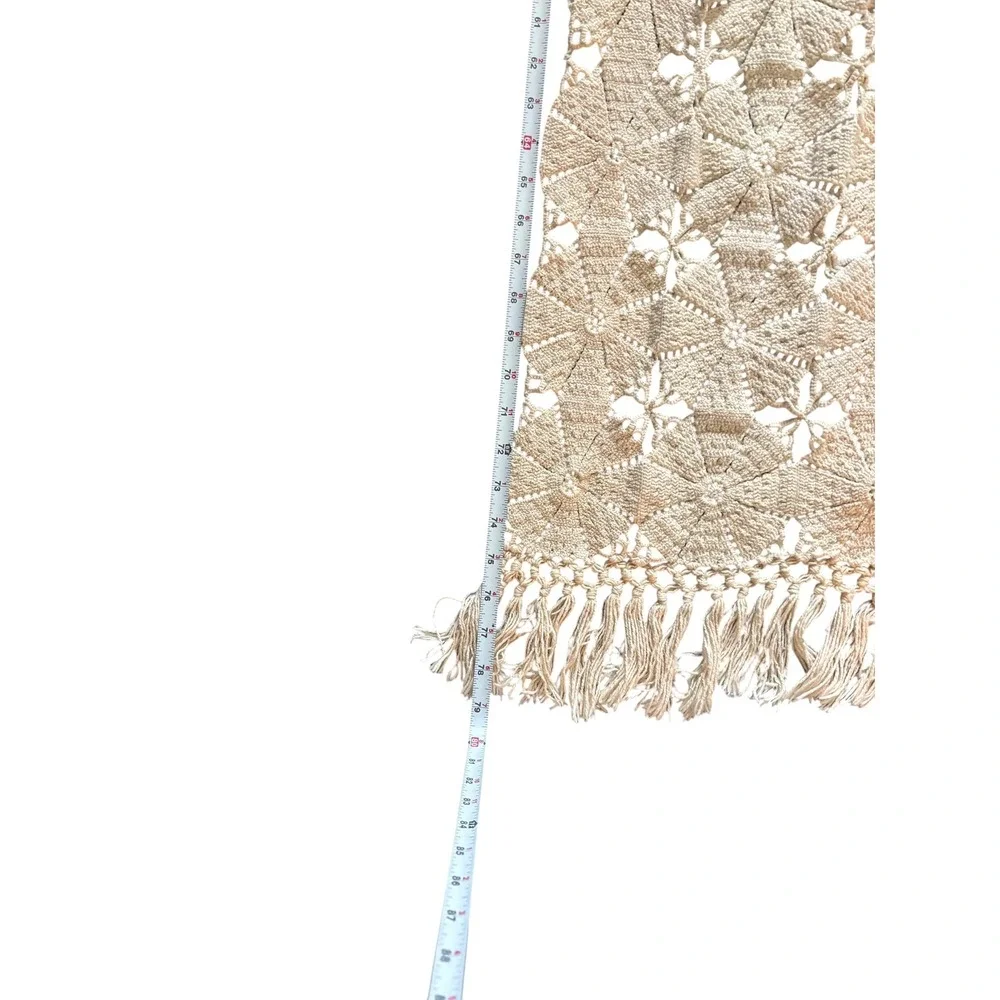 Vintage Handmade Crochet Lace Bedspread Boho Floral Starburst Fringe Cream 85x78